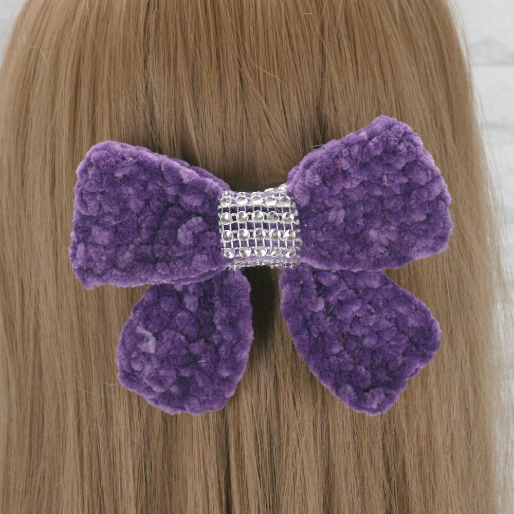 HAND CRAFTED Crochet Bow Chenille Velvet Hair Barrette Oversized Bling Purple - Picture 6 of 15